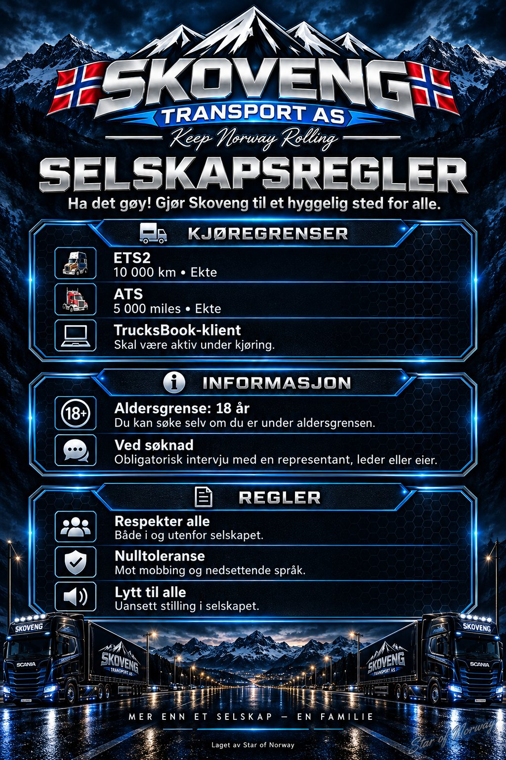 Skoveng Transport AS – selskapsregler på norsk. Tekstversjon følger nedenfor.